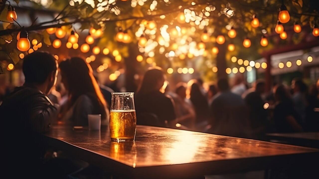 Bokeh background featuring a street bar at a beer restaurant, Generative Ai